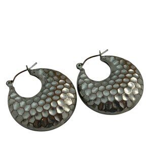 Vintage Earrings Silver Tone Hammered Metal Textured Crescent Hoops Rustic